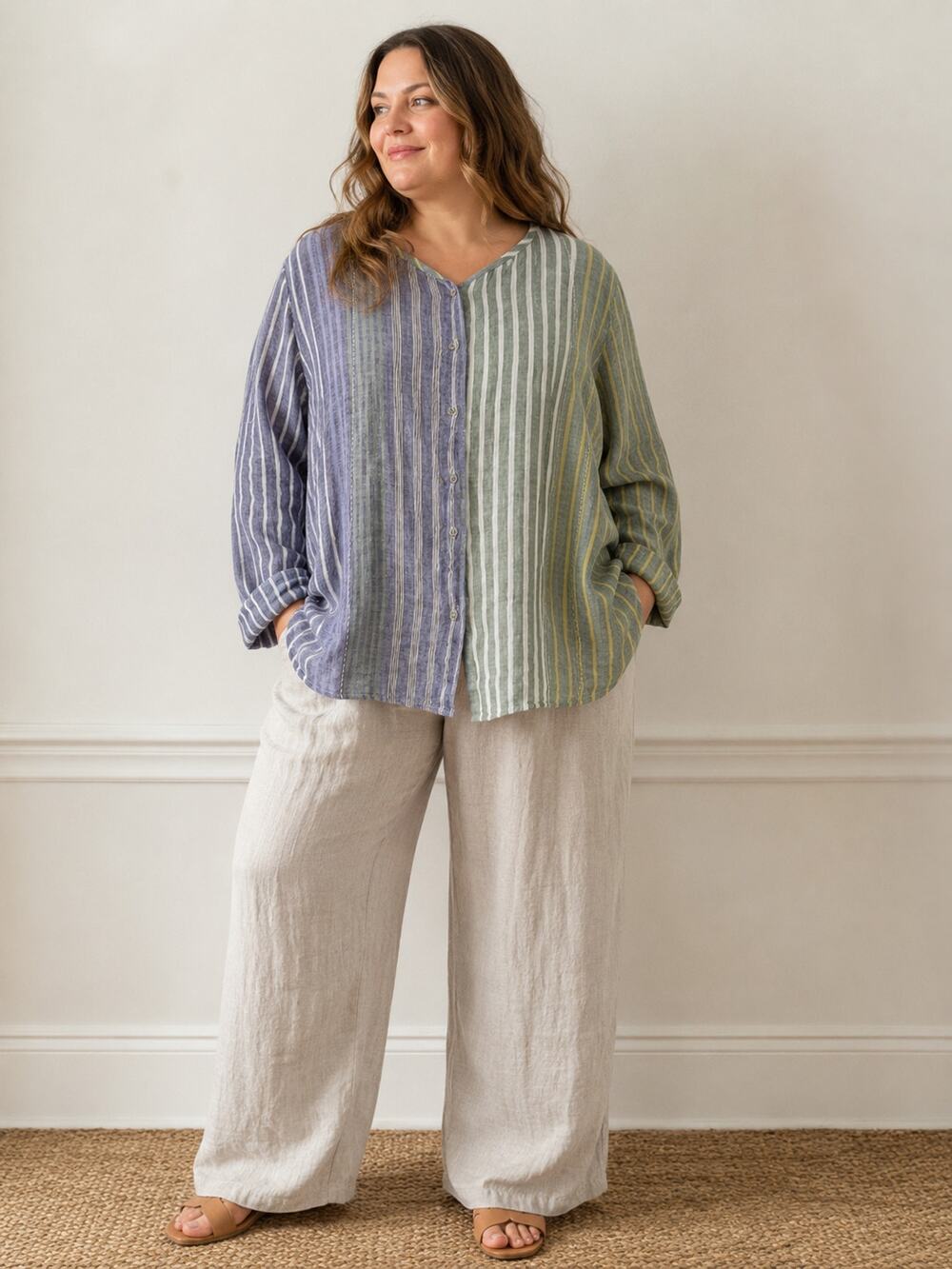 Flax Women's SZ 2G 100% Linen Button Front Blouse Boxy Fit Colarless Blue Green